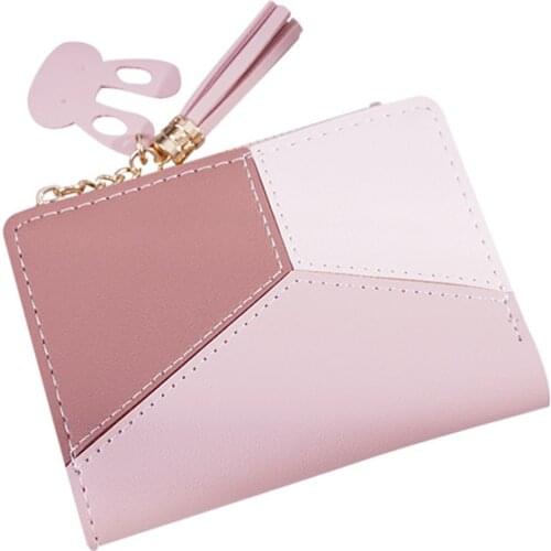 Tassel Decoration Splicing PU Leather Wallet For Women Korean Cute Small Card Holder With Zipper Coin Pocket Ladies Short Purse