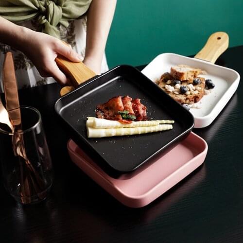 Nordic Wood Handle Square Ceramic Plate Solid Porcelain Flat Dinner Tableware Heat Resistant Steak Plate Salad Fruit Dish Tray
