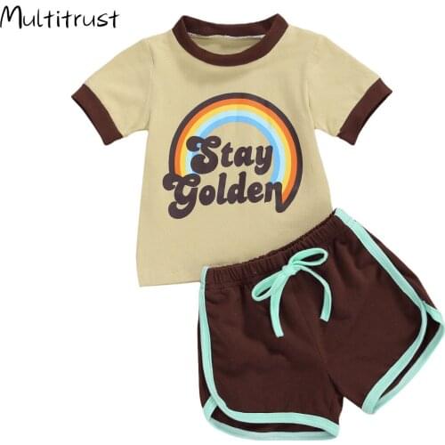 Summer New Toddler Baby Boy Girl Cotton Clothes 0-24M Short Sleeve Rainbow Letter Printing T-shirt Solid Color Shorts