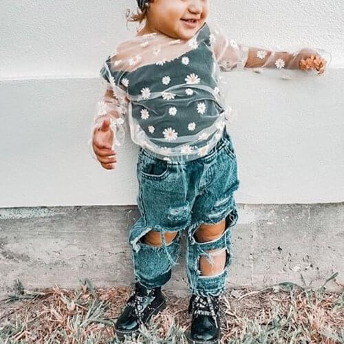 Fashion Kids Baby Girl Three-piece Clothes Sets Black Suspender Tops+See-through Flora Mesh Smocks Tops+Denim Jeans Pants 1-6Y