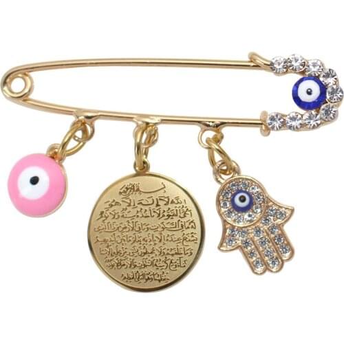 Muslim islam AYATUL KURSI hamsa hand of fatima Turkish evil eye Stainless Steel pink brooch Baby Pin