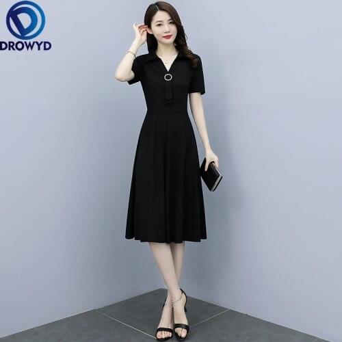 M-5XL Plus Size Women Black Elegant Midi Dress Summer 2021 Fashion V-neck Short Sleeve High Waist A-Line Party Dresses Vestidos