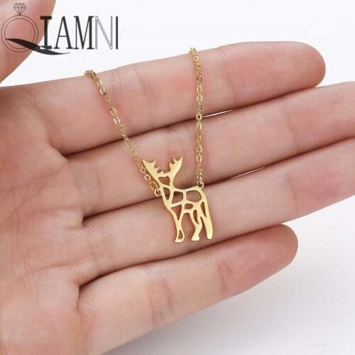 QIAMNI Unique Origami Animal Bambi Deer Reindeer Antler Pendant Necklace Dainty Elk Moose Choker Birthday Gift Christmas Jewelry