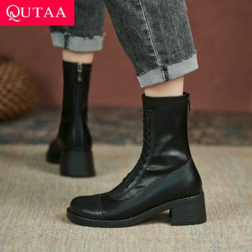 QUTAA 2022 Square Med Heel Fashion Ankle Boots Autumn Winter Cow Leather Casual Black Round Toe Zipper Women Shoes Size 34-40