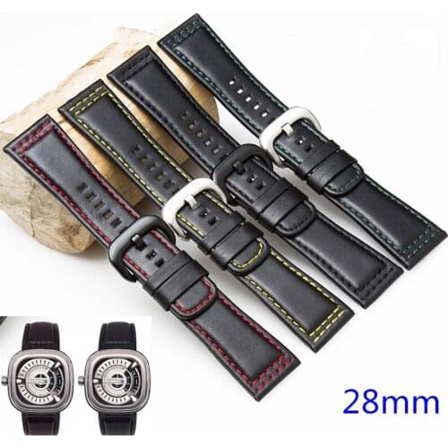 Durable 28mm Black Genuine Leather Watchband With Pin Buckle Smooth Strap Fit For Seven Friday P1 M1 M2 P3 S Q Series Watch Sale
