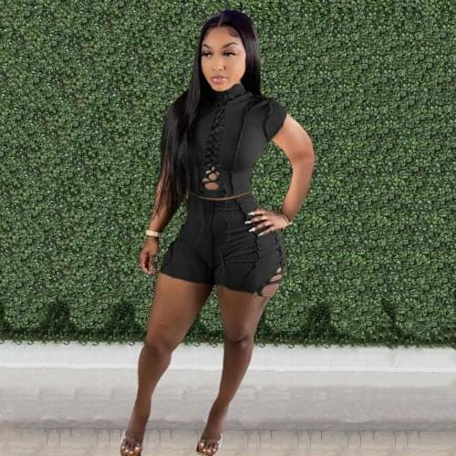 RMSFE 2021 Lady Short Sleeved High Neck Fashion Casual Personality Sexy Bandage Wearing Rope Raw Edge Shorts 2 Piece Set