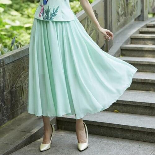 SHENG COCO Chinese Style Skirts Chiffon High Waist Spinning Longuette Vintage Fairy Skirt Free Size Black Pink White Skirt