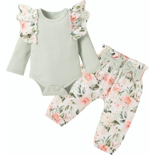 Autumn Baby Girls Cute Clothes Sets 0-18M Flowers Printed Ruffles Long Sleeve Knit Romper Pants 3 Colors