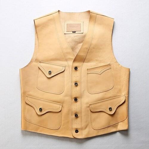Vintage horse leather vest men British Style V-neck sleeveless genuine leather jacket mens cow boy look original horsehide vest