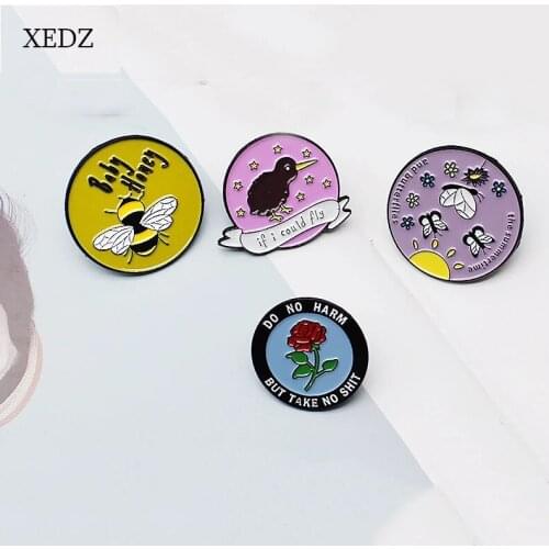 XEDZ 2021 New Arrival Round Animal BUZZIN Butterfly Bird Flower Enamel Jewelry Yellow Honey Rose Crow Plant Badge Jewelry Gift