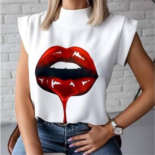 Lips Printed T Shirt Women Ladies Stand Neck Tee Tops Casual Short Sleeve Streetwear Summer Floral Plus Size Pullover T-shirts