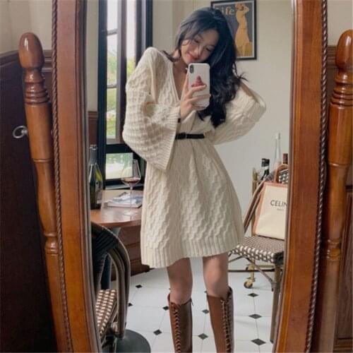 Dresses For Women loose Ribbed sexy Knitted girl Winter Long Sleeve Sweater Dress Clothes white dress New Korean Chic Style