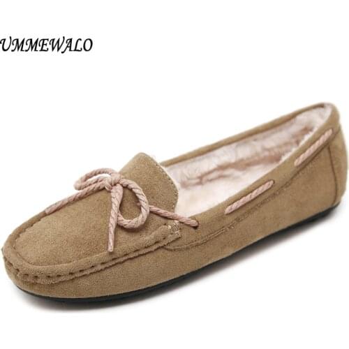 UMMEWALO Women Flat Shoes Winter Warm Loafer Shoes Woman Flock Short Plush Cotton Bow Shoes Mother Loafers Driving Footwear