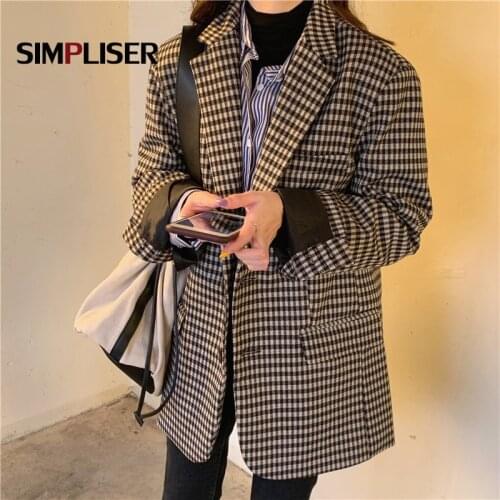 Vintage Casual Plaid Blazer Women Fashion Single Breasted Office Ladies Jacket Coat Notched Collar Long Sleeve Suits Coats 2020