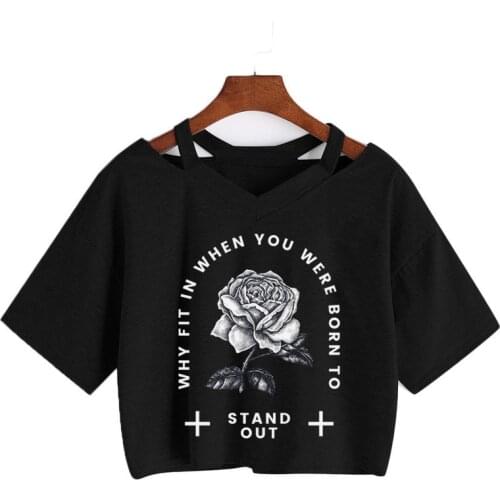 Summer Women Short Sleeve Grunge Printed Casual Loose Short Tops Sexy V-neck Black Crop tops All-match Vintage Punk Gothic tee