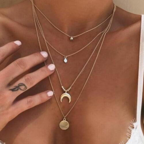Vintage Jewelry Horn Beads Layer Pendant Necklace Set For Women Girl Bohemian Crescent Layered Necklaces Collar