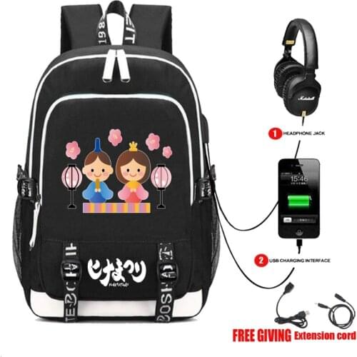 Anime USB Charging Headphone jack shoulder bag student book backpack teenagers travel Laptop bag for Japan Hinamatsuri Backpack