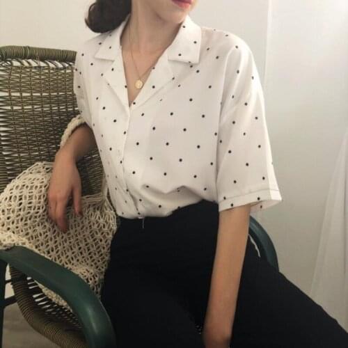 Deeptown Vintage Polka Dot Blouse Women Harajuku Elegant Shirt Office Ladies Korean Style 2021 Short Sleeve Button Up Tops Chic