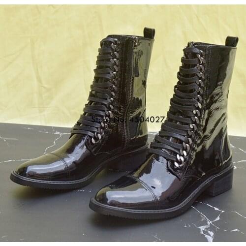 Fashion Ankle Boots Patent Leather Women Boots Chain Shoes Punk Style Lace-Up Female Motorcycle Shoes Black White