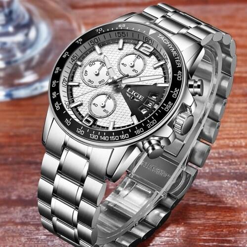 2021 LIGE Fashion Mens Watch Stainless Steel Quartz Watches Men Top Brand Luxury Sport Chronograph Casual Waterproof Wrist Watch