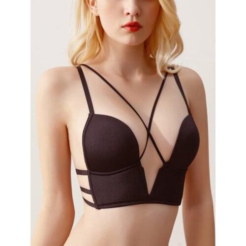 Deep U Shape Push Up Bras Women Backless Bra Sexy Smooth Back Closure Bralette Wireless Cross Straps Underwear Thin Bras