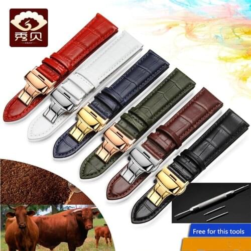 Hot model Cow Leather Strap White/Green/Red/Navy blue Genuine Leather Watchband with Butterfly Buckle 12-24mm Stock Men&Women