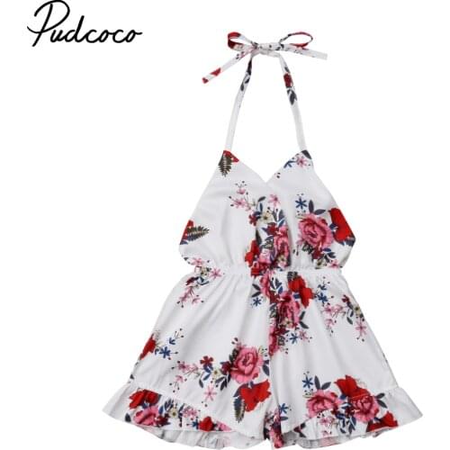 Hot Sale 1-6Years Toddler Kids Baby Girl Overalls Princess Flower Print V-Neck Halter Romper Jumpsuit Sunsuit Clothes 1-6Y