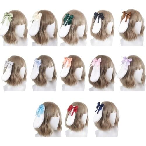 Lolita Anime Bunny Ears Ribbon Bowknot Hairpins Plush Rabbit Animal Lop Ear Kawaii Hair Clips Headpiece Cosplay Costume