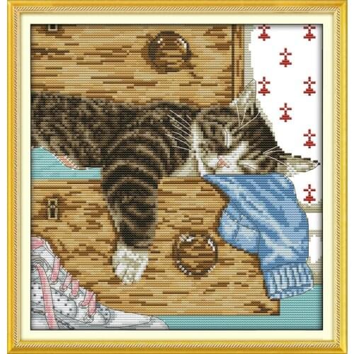 Lovely lazy cat cross stitch kit 14ct 11ct pre stamped canvas cross stitching animal lover embroidery DIY handmade needlework