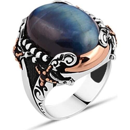 Blue Tiger Eye Stone Sides Swordsman Silver Men 'S Ring
