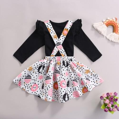 0-24 Months Print 2 Pcs Newborn Christmas Outfits, Toddler Fly Sleeve Round Neck T-shirt + Dot & Star Print Suspender Skirt