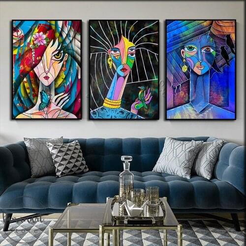 New Nordic Living Room Art Cubism Woman Portrait Headdress Flower Animal Poster Canvas Painting Wall Art Picture Home Decoration