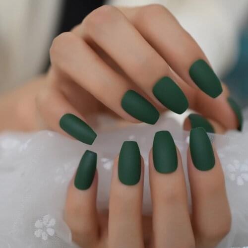 Wholesale Ballerina Coffin Fake Nails Matte Green Flat Pree on False Nail Tips Daily Wear Faux Ongle Free Sticker 15 Colors
