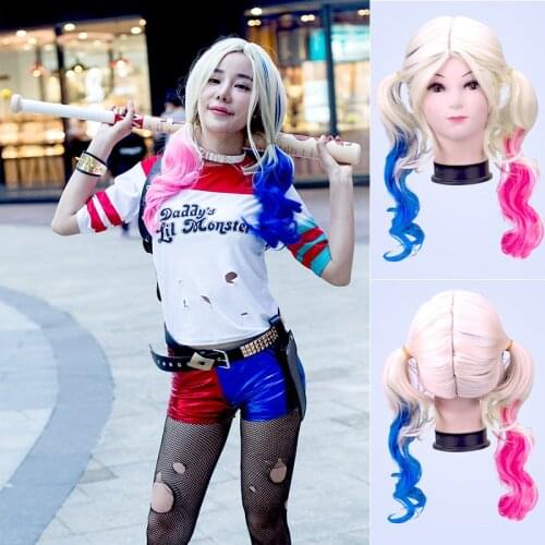 Halloween Harleen Wig Quinzel Sucide Gloves Harley Hair Quinn Suicide Women Squad Synthetic Wig Harleen Costume Quinzel Cosplay