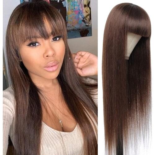 Brown Color Straight Human Hair Wigs With Neat Bangs Brazilian Remy Hair Silk Base Full Machine Made Wigs Natural Headspin