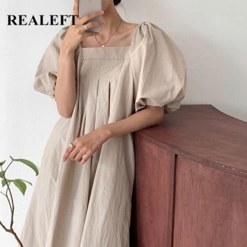 REALEFT Summer 2021 New Puff Sleeve Chic Womens Dresses Elegant Solid Sqaure Collar Korean OL Casual Loose A-Line Dress Ladies