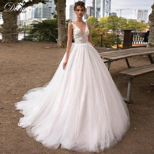 Detmgel Romantic Scoop Neck Backless A-Line Wedding Dresses 2020 Gorgeous Appliques Tulle Princess Bridal Gown Vestido De Noiva