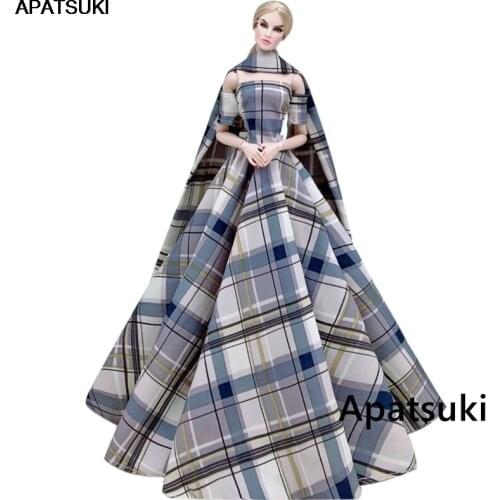 Gray Blue Plaid High Fashion Wedding Dress for Barbie Doll Clothes Shawl Big Evening Dresses Party Gown Outfits 1/6 Accessories