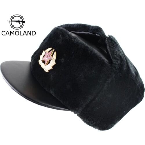 Soviet Army Military Badge Russia Ushanka Bomber Hats PU Leather Trapper trooper Hat Winter Faux Rabbit Fur Earflap Men Snow Cap