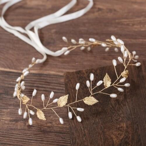 Rose Gold Leaf Pearl Bride Headband Bridal Headpiece Hair Accessories Women Wedding Tiaras and Crowns Head Jewelry