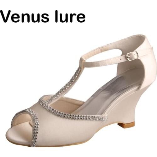 T bar Ivory Satin Bridal Wedges Heel Peep Toe Women Sandals for Wedding with Crystals