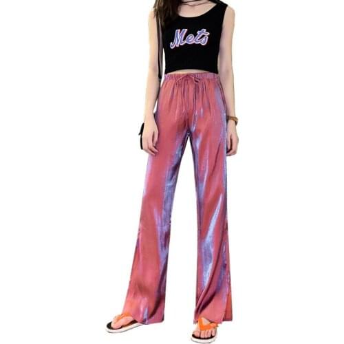 Lady bling bling bright shine straight pants women fashin high street side leg Split Pants wide leg ripped loose leggings