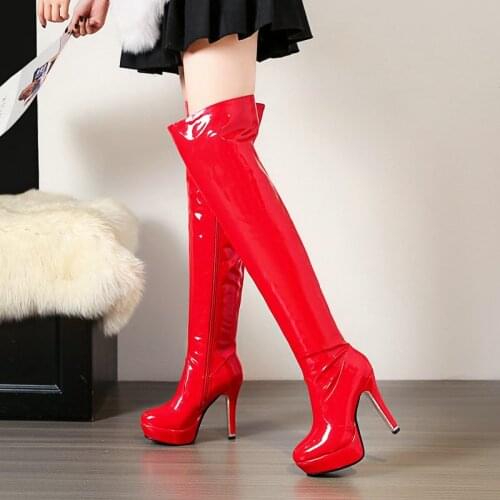 Black Red Knee High Boots Winter Women Boots Soft Patent Leather High Heels Long Boots Fashion Platform Pole Dance Ladies Shoes