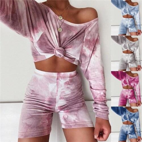 2PCS/Set Women Tracksuit Two-pieces Long Sleeve Off Shoulder T-shirt Print High Waist Bodycon Slim Shorts Trousers Wholesale New