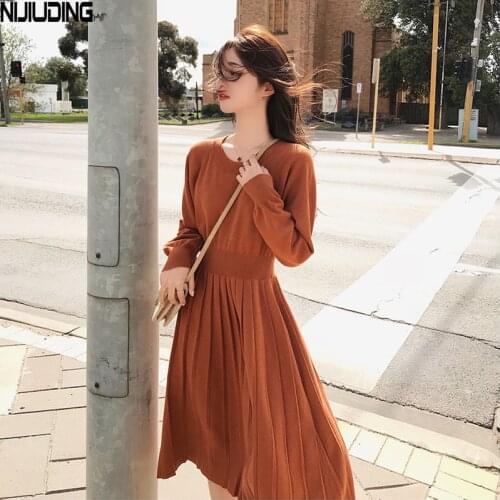 NIJIUDING 2020 Autumn Winter New High Waist Long Sleeve Pleated Sweater Dress Women Vintage Slim Knitted Mid Calf Dresses Female