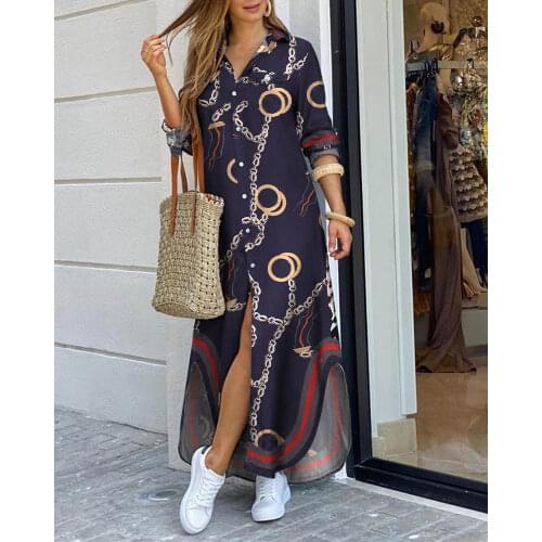 2020 Fashionable Shirt-style Button Dress Ladies Casual Long Street Dress Large Size Loose Home Commuter Print Dress Women
