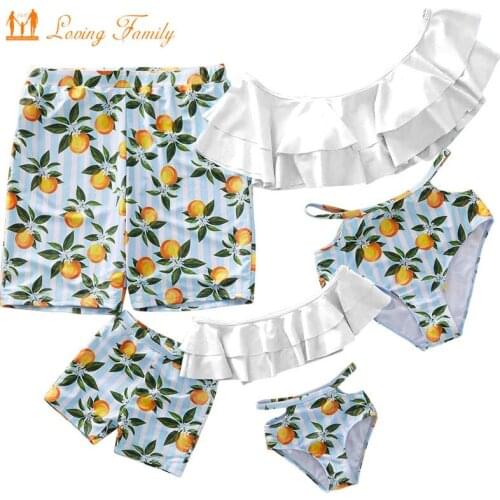 2020 Summer Orange Print Mom And Daughter Swimwear Family Matching Women Bikini Set Men Boy Beach Shorts Mommy And Me Swimsuit