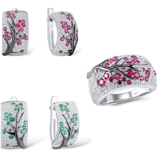 3pcs/set Unique Design Plum Blossom Silver Jewelry Set for Women Vintage Crystal Zircon Red Green Hoop Earrings Ring Wedding Set