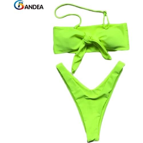 BANDEA 2019 New Sexy Bandeau Bikini Set Solid Swimwear Brazilian Thong Swimsuit Female High Cut Biquini Bow-knot Monokini Suit