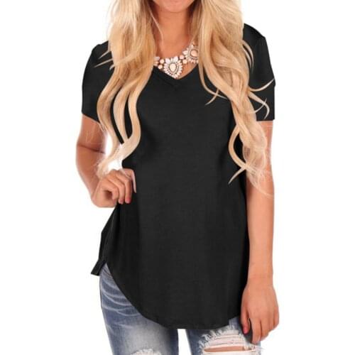 Basics T Shirt 2018 Women Casual Asymmetric Hem V Neck Loose Fit Short Sleeve Solid Long Tee Shirt Tops Female T-shirt Plus Size